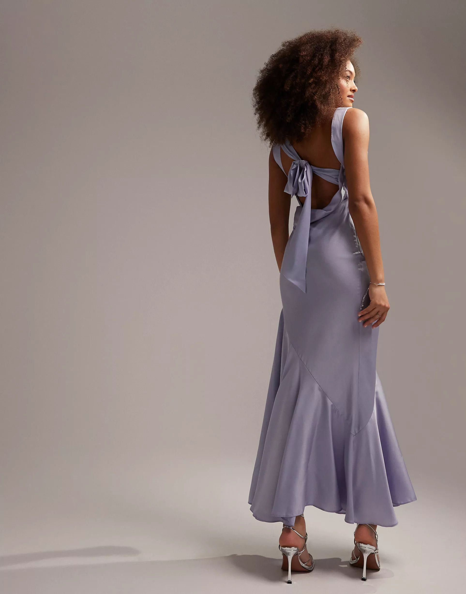 ASOS DESIGN Bridesmaid satin maxi dress with asymetric bow back in blue | ASOS (Global)