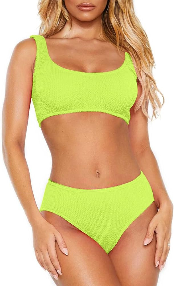 Womens Swimsuits Two Piece Sports Bathing Suits Crop Tops Ribbed Bikini Sets Swimwear Bottoms | Amazon (US)