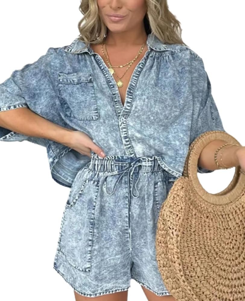 NIFTRIRY Two Piece Outfits for Women Cozy Casual Oversized Top Drawstring Shorts Denim Sets Jean ... | Amazon (US)