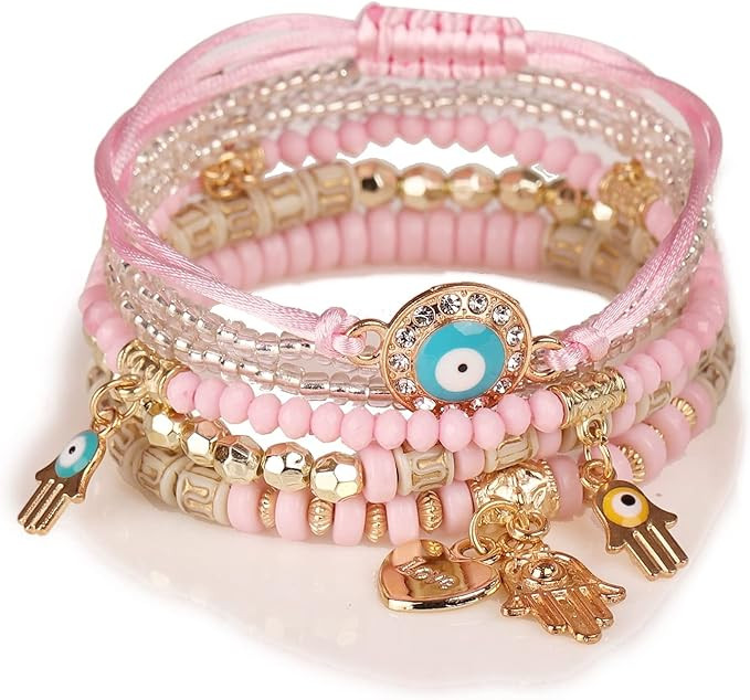 Bohemian Evil Eye Beaded Multilayered Stackable Bracelet Set Multicolor Boho Ojo Charm Seed Hamsa... | Amazon (US)