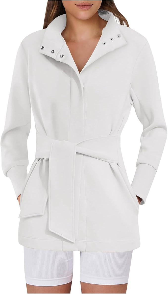 Women’s Mid-Length Trench Coat with Belt Fashion Button up Stand Collar Long Sleeves Windbreake... | Amazon (US)