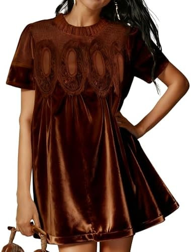 Womens Velvet Lace A-Line Overall Casual Pleated Swing Babydoll Wedding Skirtall Scallop Neck Fla... | Amazon (US)