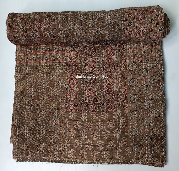 Ajrakh Handmade Handblock Print Boho Cotton Block Ajrakh kantha Quilt bohemian Bedding decor Indi... | Etsy (US)
