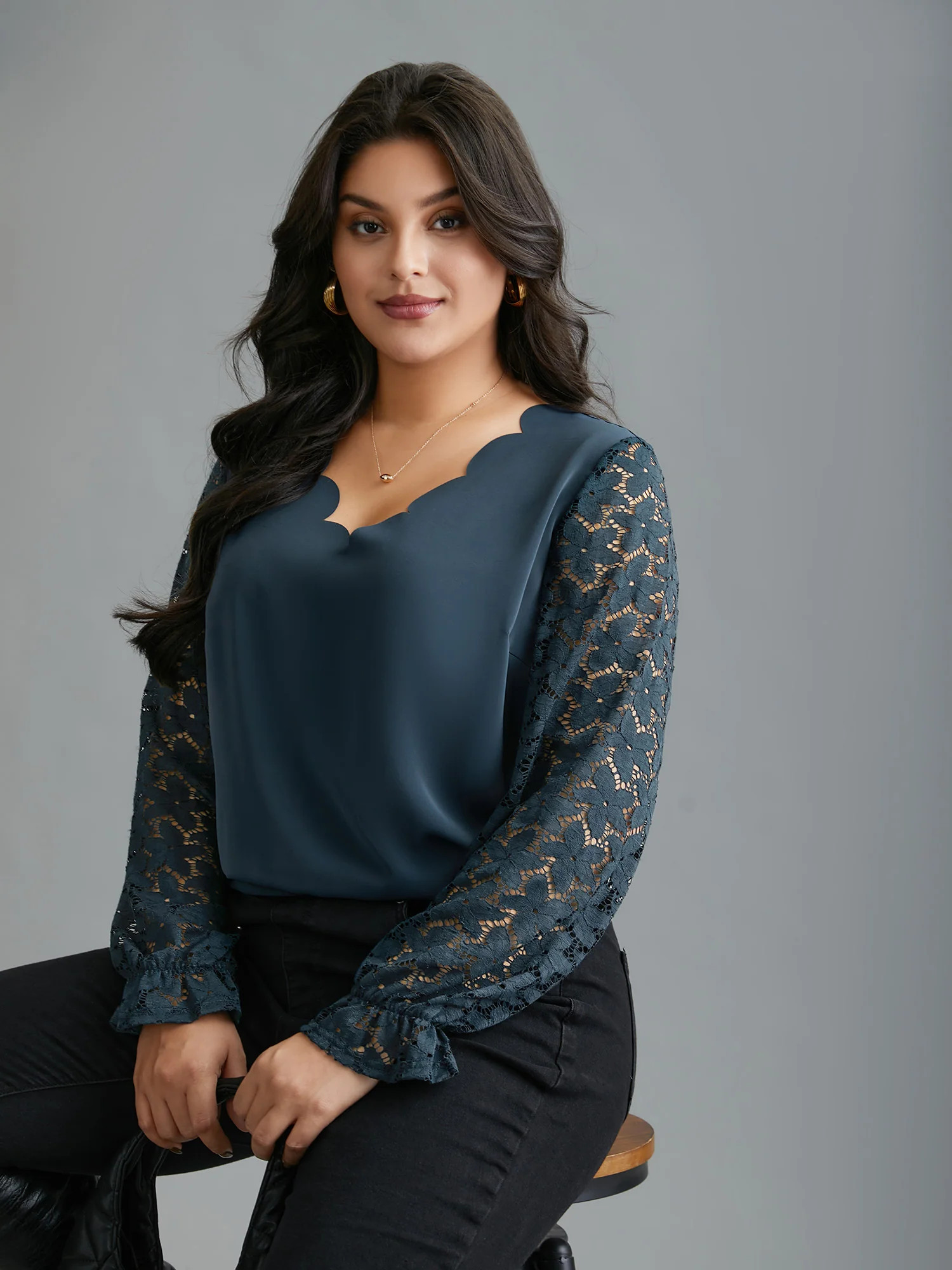 Sheer Floral Sleeve Scalloped Neck Shirt | Bloomchic