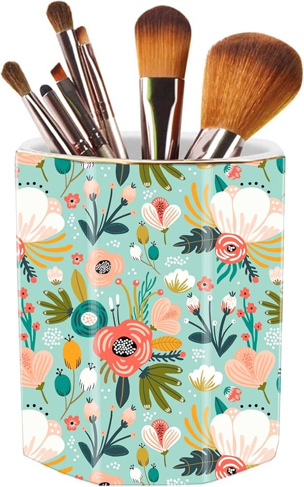 Jwest Pen Holder, Makeup Brush Holder Ceramic Shiny Gold Floral Pattern Pencil Cup for Girls Kids... | Amazon (US)
