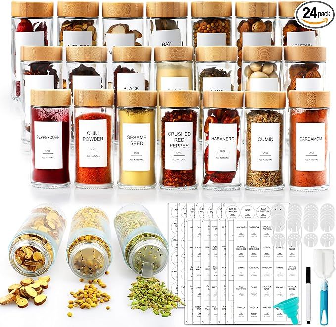 AISIPRIN Spice Jars with 398 Labels-4oz 24 Pcs,Glass Spice Jars with Bamboo Airtight Lids,Round S... | Amazon (US)