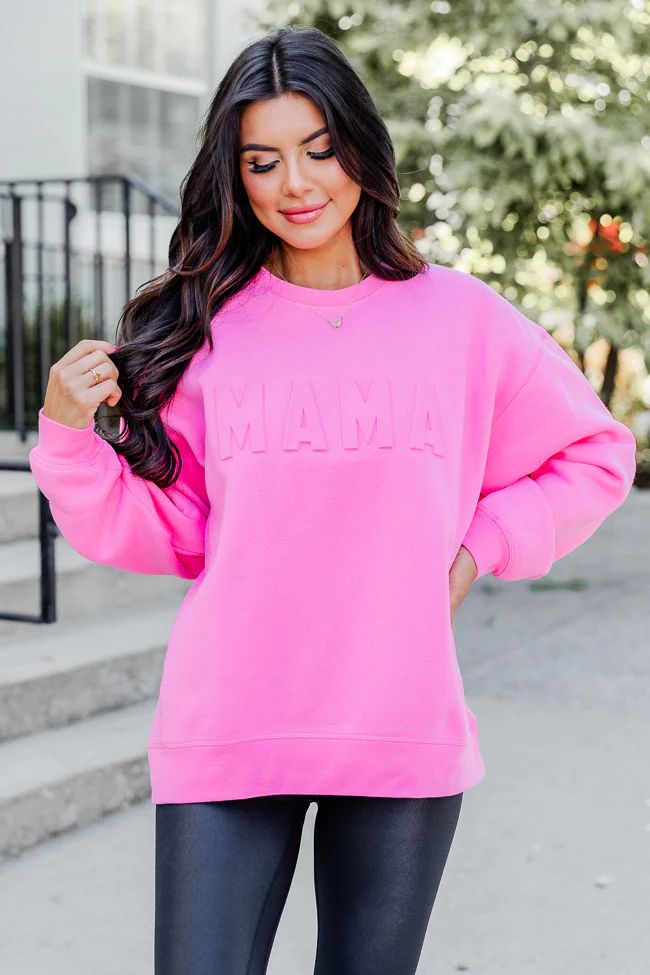 Mama Embossed Logo Power Pink Graphic Sweatshirt | Pink Lily