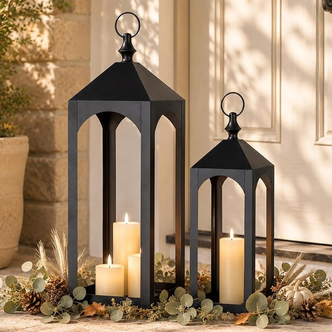 24" & 17" Large Outdoor Floor Lantern, Set of 2 Porch Decor | Tall Metal lanterns Decorative Indo... | Amazon (US)