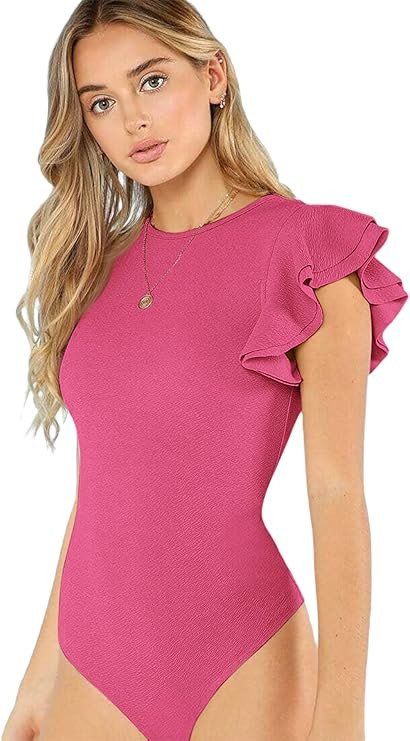 Romwe Women's Round Neck Layered Ruffle Short Sleeve Bodysuit | Amazon (US)