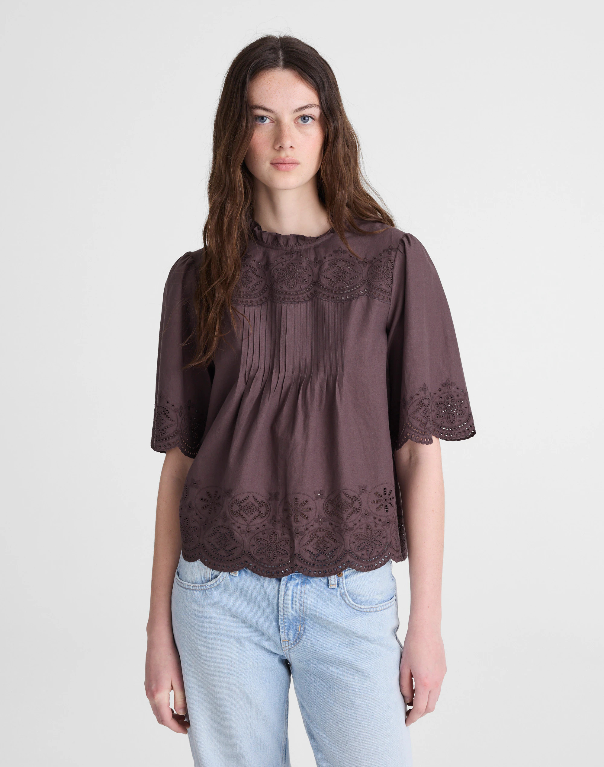 Embroidered Pintuck High-Neck Top | Madewell