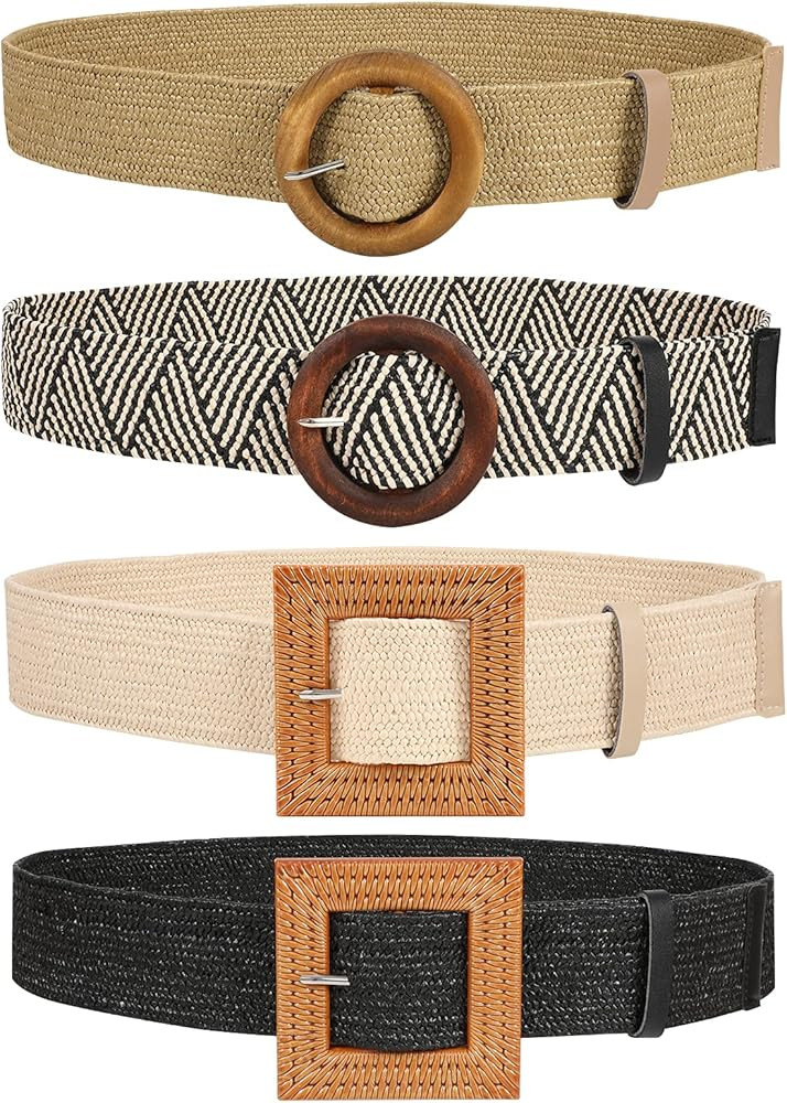 JASGOOD Straw Woven Elastic Stretch Belts Women Raffia Dress Waist Band Boho Ladies Braided Dress... | Amazon (US)
