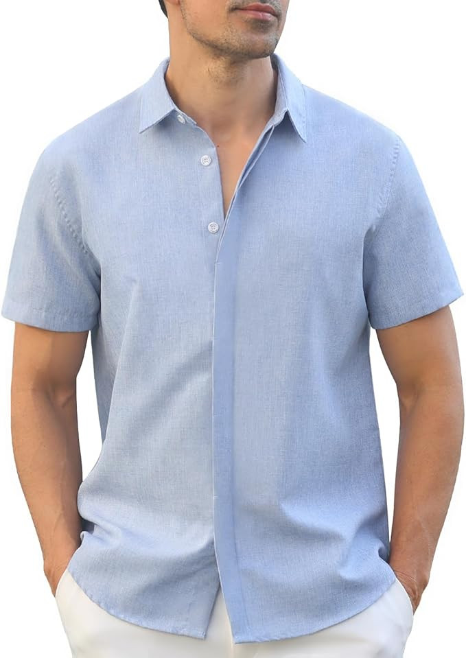 Men's Button-Down Shirts Wrinkle Free Short Sleeve Shirt Textured Linen-Look Casual Top for Summe... | Amazon (US)