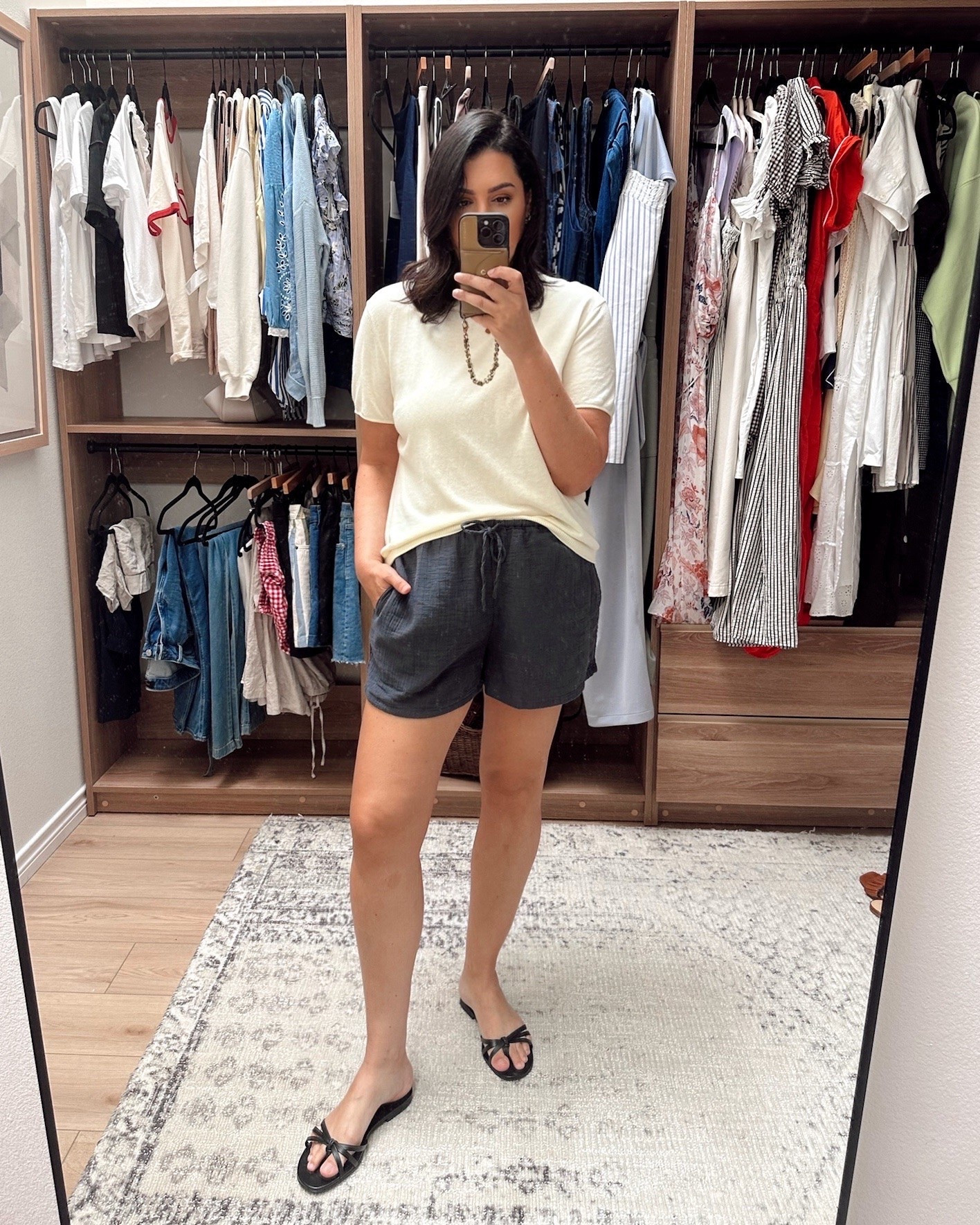 I am all about the comfy, cozy shorts for summer and I noticed they just dropped this gauzy pair of shorts. They’re under $40, and very soft. It’s a double layer gauzy cotton with a drawstring waist. They run generously! I got the large and I like the length but the waist is quite loose. This is the darker navy color, it’s a nice break from a traditional black I’d reach for.