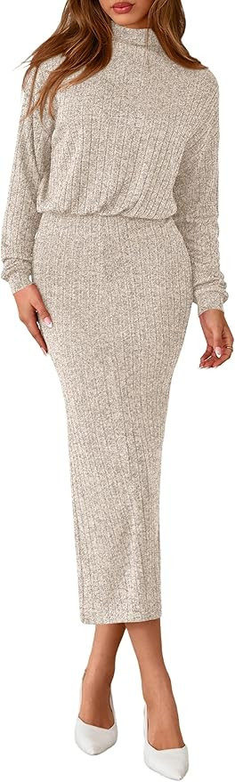 PRETTYGARDEN Turtle Neck Dresses for Women 2025 Fall Knit Outfits Slit Elastic Waist Long Sleeve ... | Amazon (US)