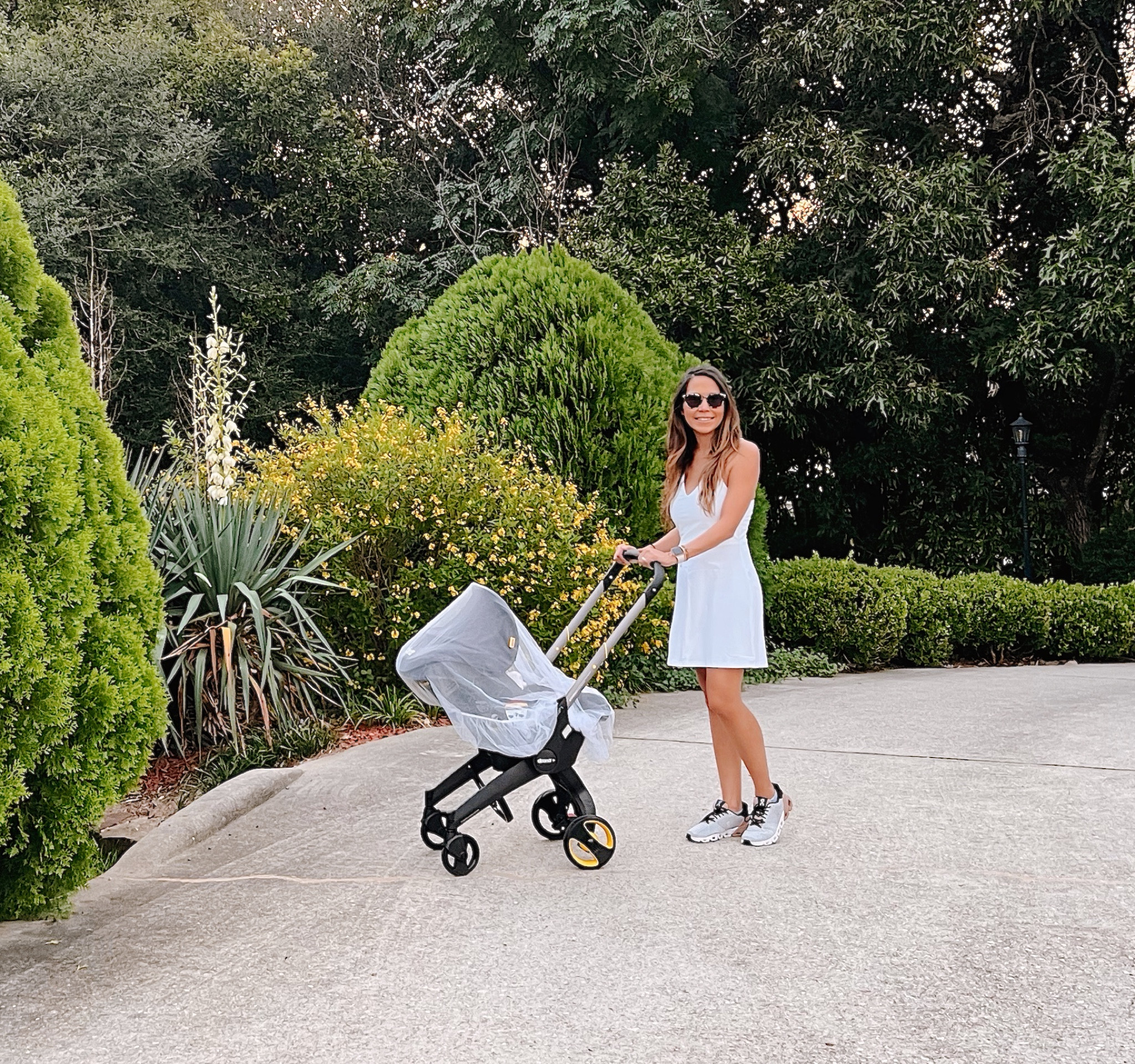 Baby stroller 
Mosquito net for stroller 
Doona
Fabletics 
Tennis dress
On tennis shoes 

#LTKfamily #LTKfit #LTKbaby