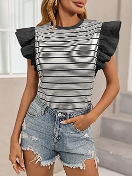 Tankaneo Womens Ruffle Striped Tank Tops Summer Crew Neck Sleeveless Shirts Loose Fit Dressy Casu... | Amazon (US)