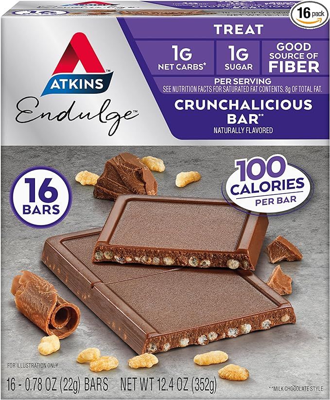 Atkins Endulge Treat, Crunchalicious Bar, 1g Net Carbs, 1g Sugar, Good Source of Fiber, 16 Count | Amazon (US)