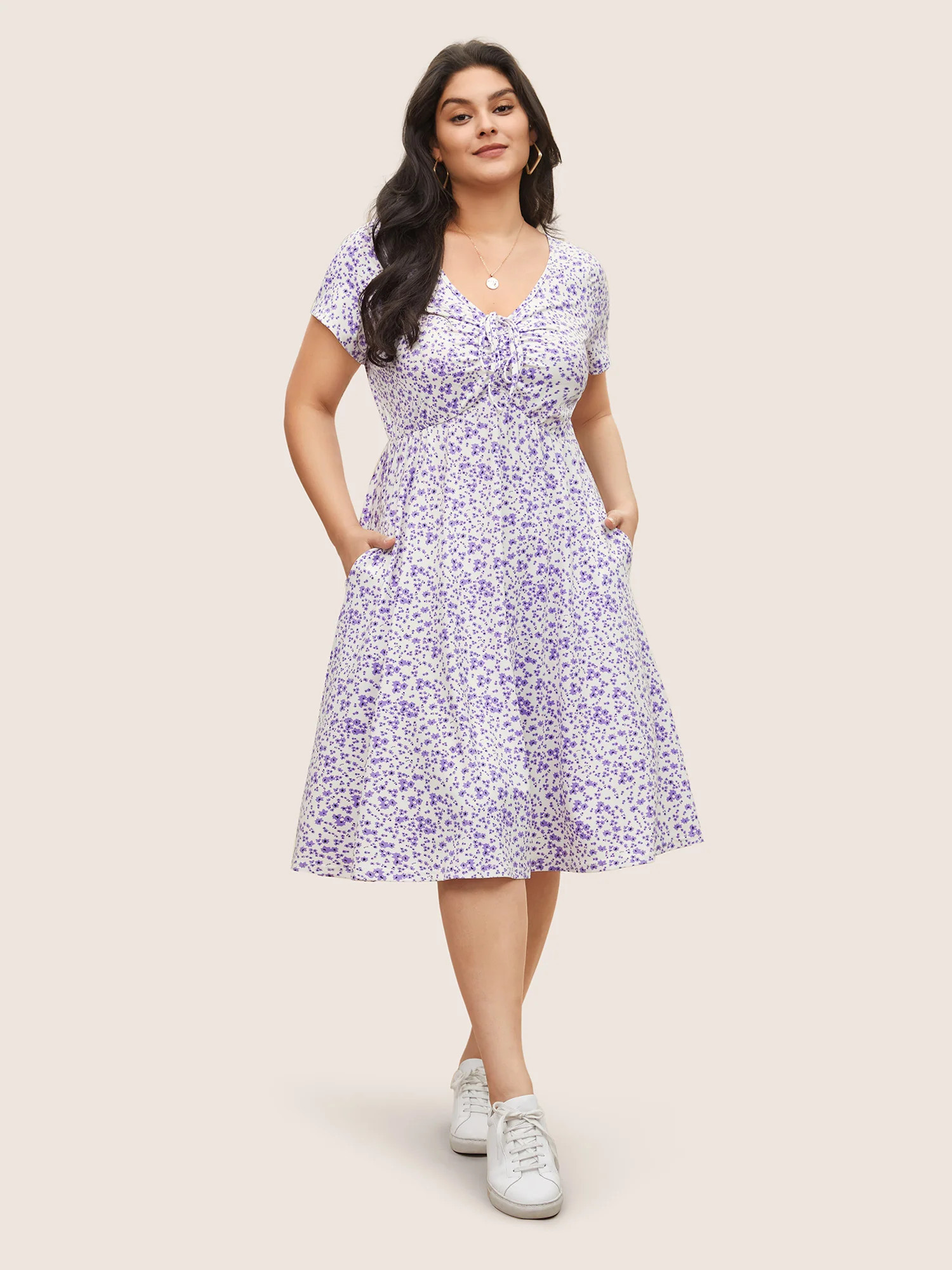 Ditsy Floral Elastic Waist Knot Drawstring Dress | Bloomchic