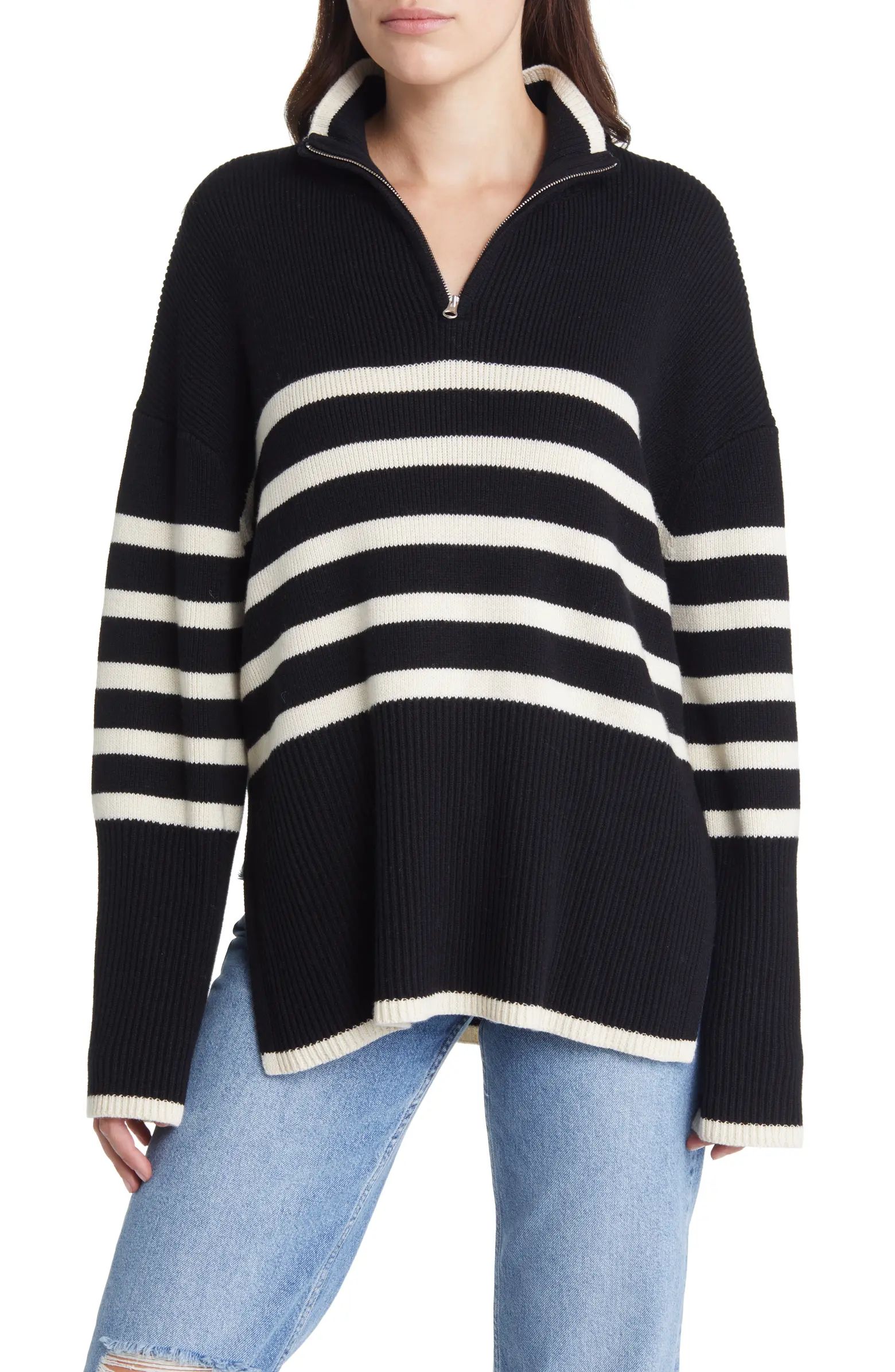 Tessa Stripe Oversize Wool & Cotton Quarter Zip Sweater | Nordstrom