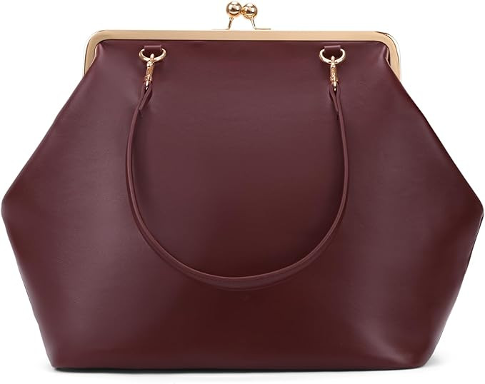 Large Women's Kiss Lock Bag PU Medium Top Handle Handbags Kiss Clasp Shoulder Bags Tote Purse Mes... | Amazon (US)