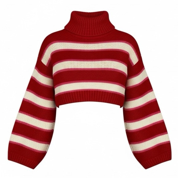 Altar’d State Red Cream Pink Striped Turtleneck Cropped Sweater Size Large | Poshmark