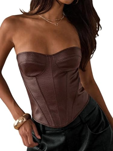 SHENHE Women's PU Leather Corset Top Lace Up Strapless Y2k Going Out Corset Bustier Tube Brown Medium | Amazon (US)