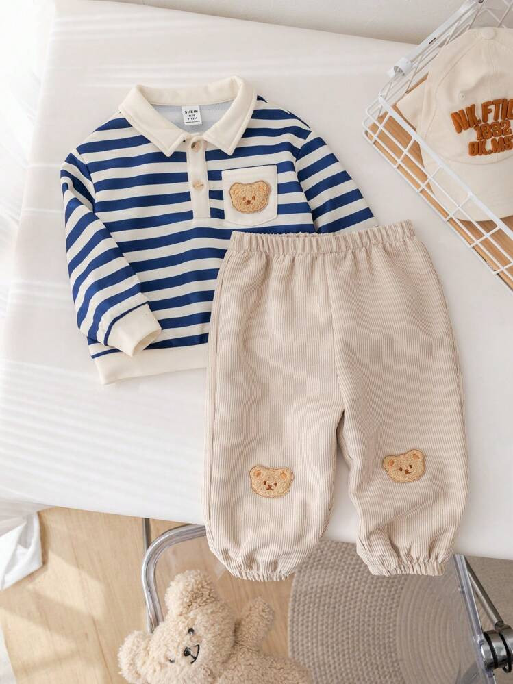 SHEIN 2pcs/Set Baby Boys/Girls Autumn Winter Cozy Soft College Style Stripe Polo Shirt And Loose ... | SHEIN