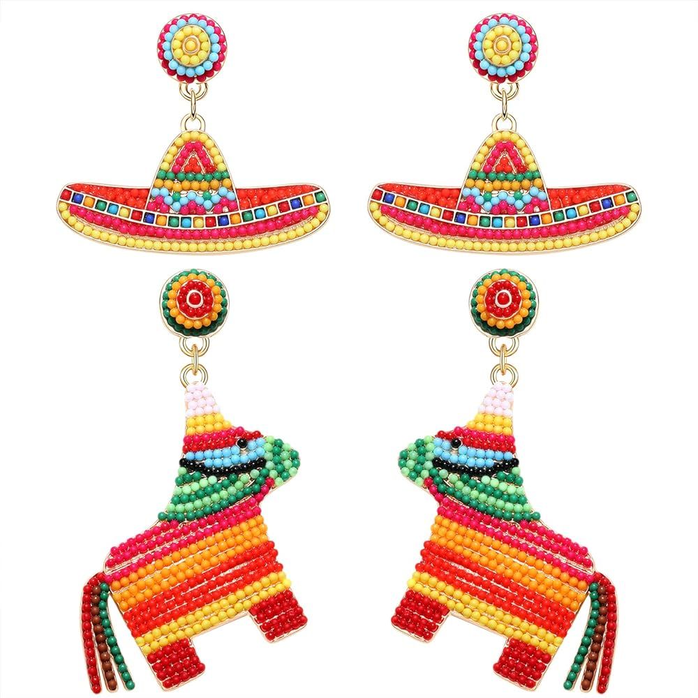 Vogueknock 2 Pairs Cinco De Mayo Earrings Beaded Sombrero Cactus Earrings Happy Fiesta Chili Avoc... | Amazon (US)