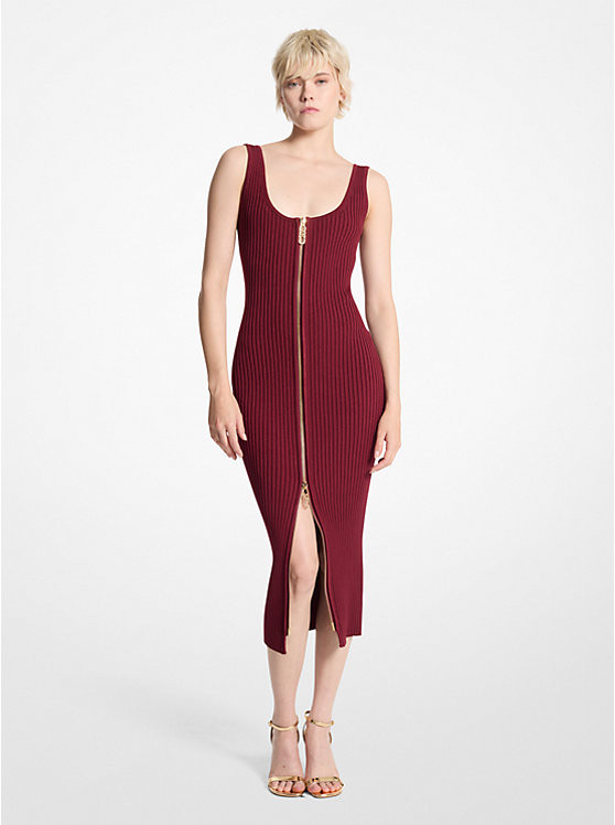 Ribbed Stretch Knit Zip Dress | Michael Kors US