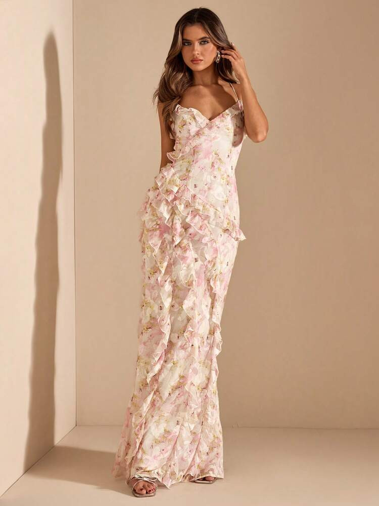 SHEIN BAE Apricot Asymmetric Asymmetric-Shoulder Fitted Maxi Elegant Knit Dress, Graceful Dress, ... | SHEIN