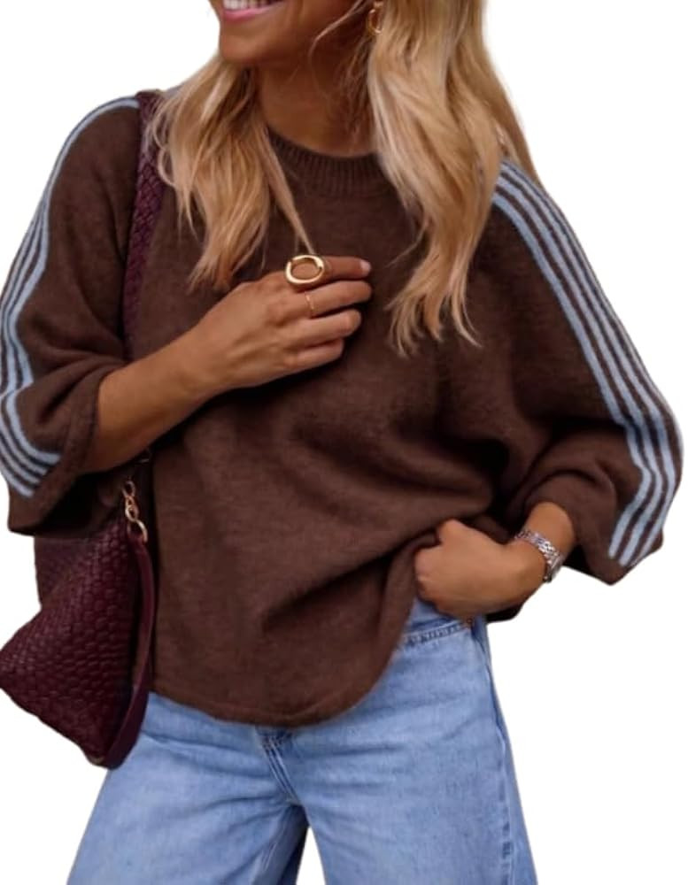 ZAFUL Women's Striped Sleeve Knit Sweater, Round Neck Pullover | Amazon (US)
