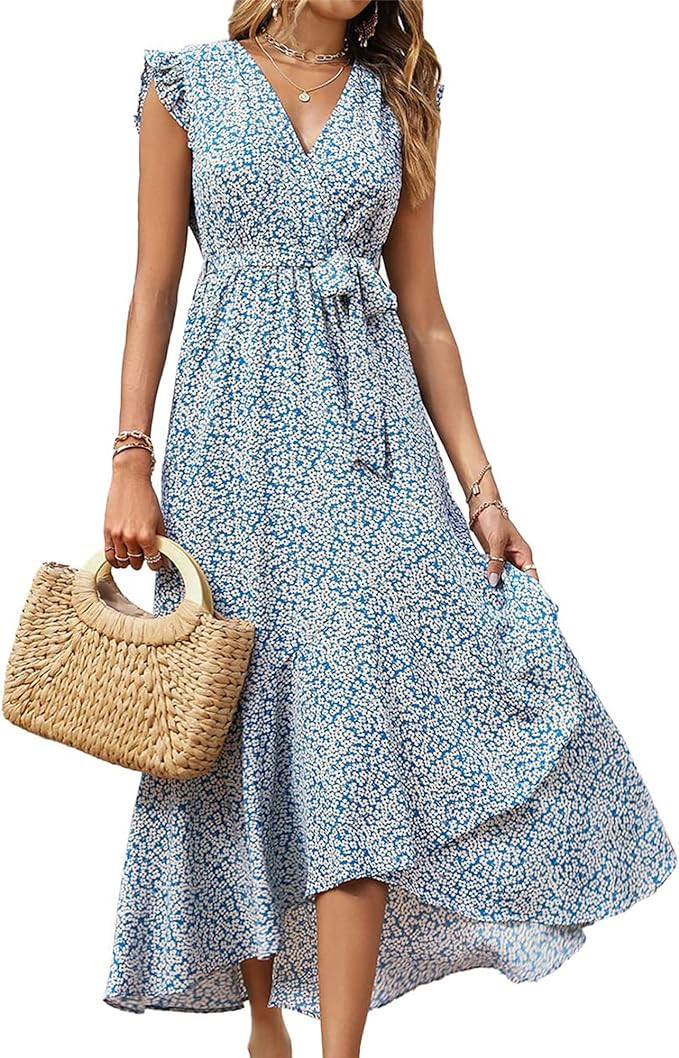 BTFBM Women Summer Dresses 2024 Ruffle Cap Sleeve V Neck Belt Wrap Split Boho Floral Long Casual ... | Amazon (US)