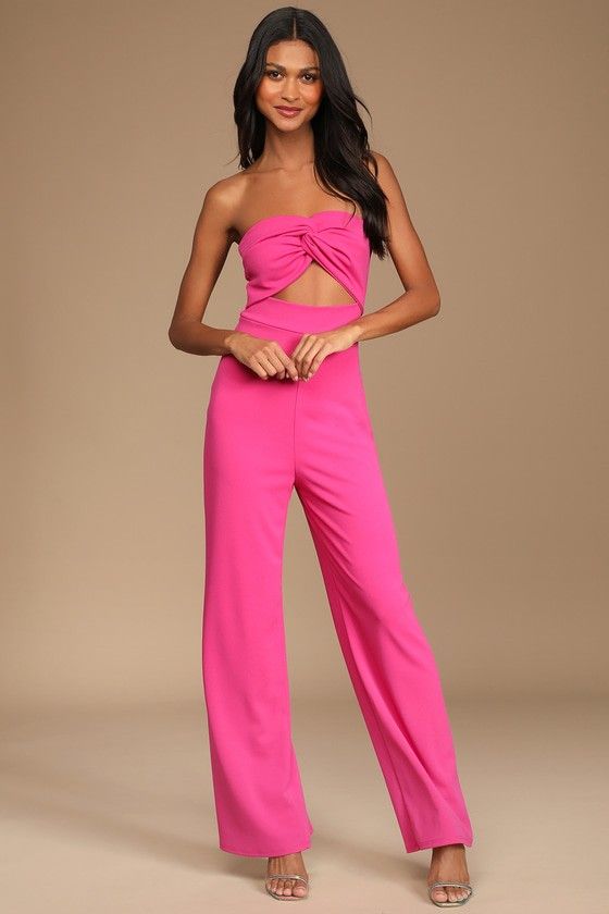 Pink Strapless Cutout Straight Leg Jumpsuit Pink Jumpsuit Spring Outfits Wedding Guest Dress Pastel | Lulus (US)