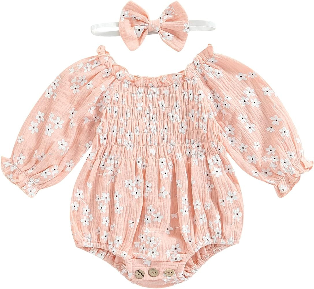 2pcs Baby Girl Smocked Bubble Romper Newborn Long Sleeve Off Shoulder Flowers Printed Ruffle Jump... | Amazon (US)