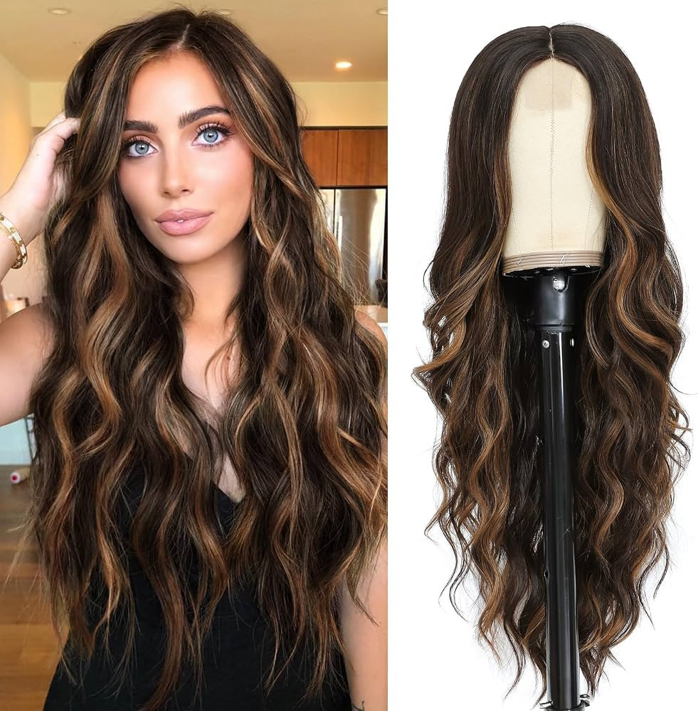 NAYOO 26 Inch Long Curly Middle Part Synthetic Heat Resistant Fiber Wig for Women - Daily Use Par... | Amazon (US)