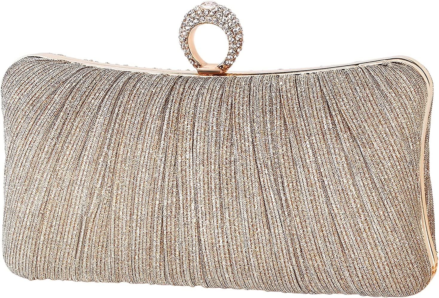 iWISH Womens Golden Glitter Clutch Purse Pleated Evening Bag for Bridal Wedding Party with Rhines... | Amazon (US)