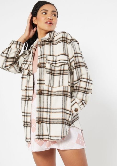 Neutral Plaid Brushed Wool Shacket | rue21