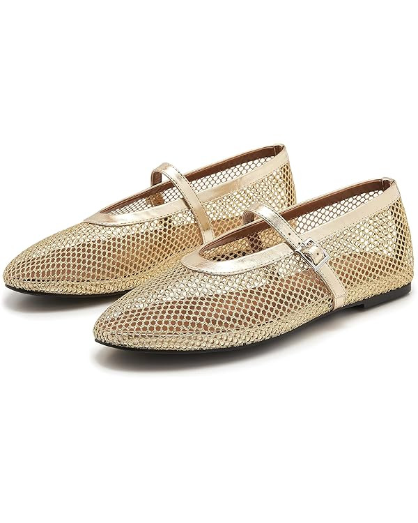 Mesh Ballet Flats for Women Fishnet Mary Jane Flat Shoe Buckle Strap Casual Office Ballerinas Sho... | Amazon (US)