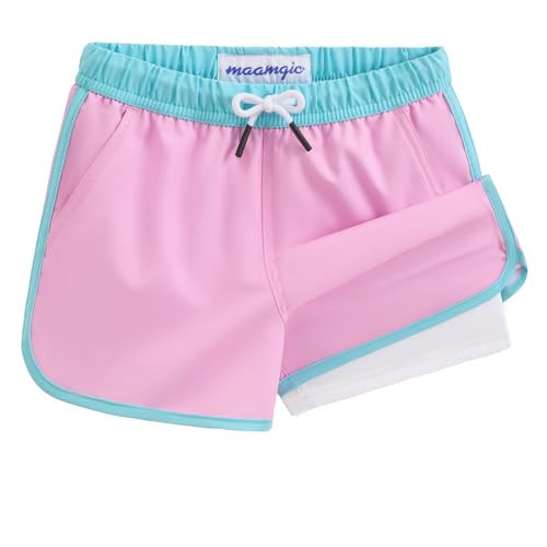 maamgic Boys Swim Trunks with Compression Liner Vintage Swim Shorts Toddler Swimsuit Pink White 10/12 | Amazon (US)