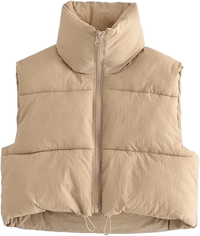 Shiyifa Women's Fashion High Neck Zipper Cropped Puffer Vest Jacket Coat (Beige, Large) at Amazon... | Amazon (US)