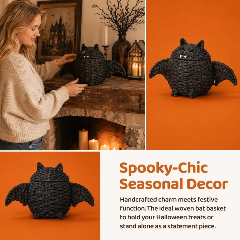 Halloween Bat Wicker Basket, Handwoven Natural Rattan Bat Storage Bin, Rustic Vintage Halloween T... | Walmart (US)