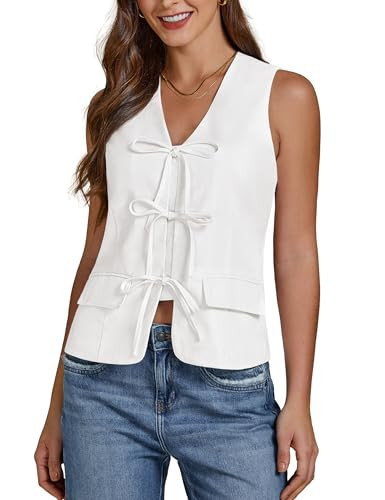 luvamia Linen Vest for Women Trendy Sleeveless Tie Front Tops Summer Casual Top Waistcoat Suit Vests with Pockets waistcoat vest for women fashion White Small Fits US Size 4 to 6 | Amazon (US)
