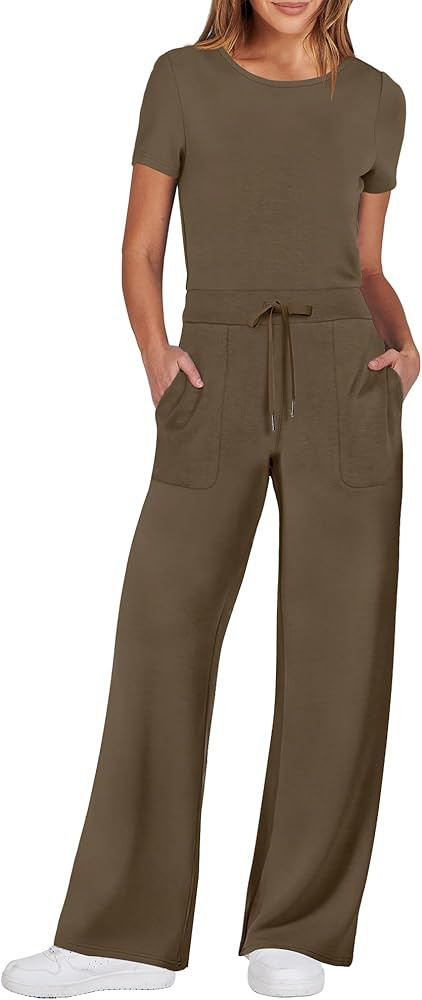 ANRABESS Jumpsuits for Women Casual Summer 2024 Short Sleeve Loose Wide leg Pants Dressy Romper J... | Amazon (US)