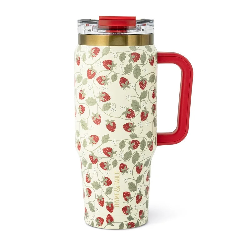 Thyme & Table 32oz Stainless Steel Luna Tumbler with Handle and Dual Straw Lid, Strawberry | Walmart (US)