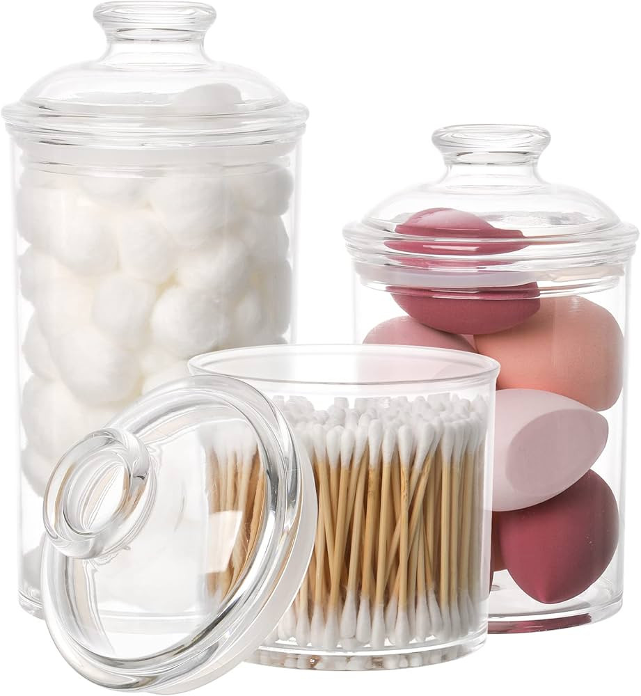 Lyellfe Set of 3 Acrylic Apothecary Jars, Vanity Organizer Canister with Airtight Lids, Bathroom ... | Amazon (US)