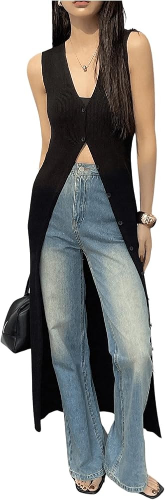 SHENHE Women's Button Up Sleeveless Long Cardigan V Neck Knit Duster Sweater Vest Cardigan | Amazon (US)