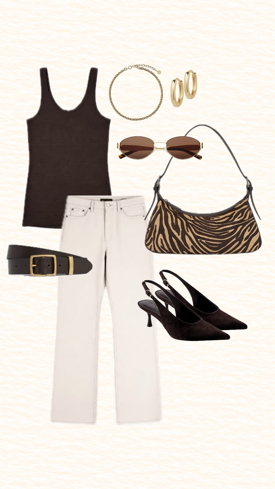 Easy end of summer / fall transitional outfit. Solid dark tank top with white jeans, matching belt and heels, and a statement bag. Added sunglasses and gold jewelry.

#LTKootd #LTKSeasonal #LTKWorkwear