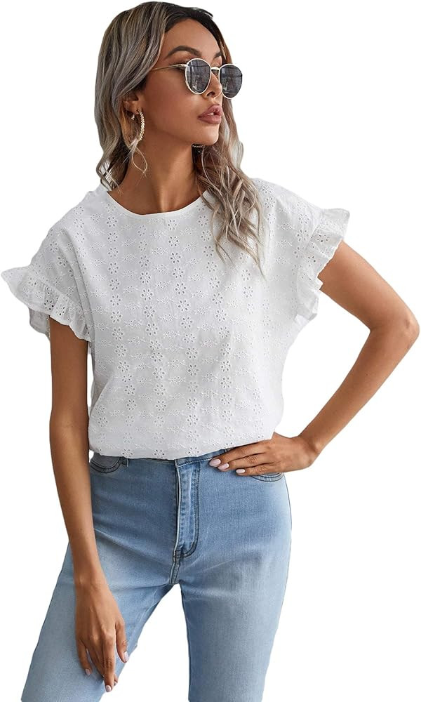 Romwe Women's Ruffle Short Sleeve Schiffy Embroidered Casual Blouse Tops | Amazon (US)