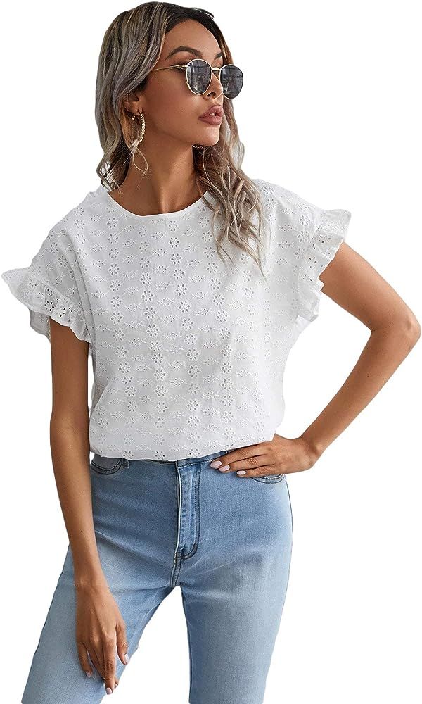 Romwe Women's Ruffle Short Sleeve Schiffy Embroidered Casual Blouse Tops | Amazon (US)
