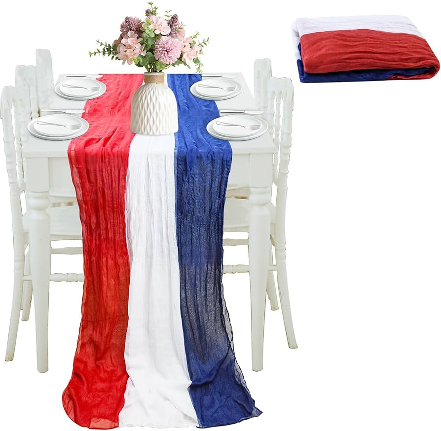 4th of July Cheesecloth Table Runner, Vintage Red White and Blue Table Runner for Memorial Day La... | Amazon (US)
